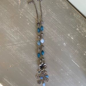 Silver Plated Vintage Long Necklace Floral Charm Blue Stones NEW